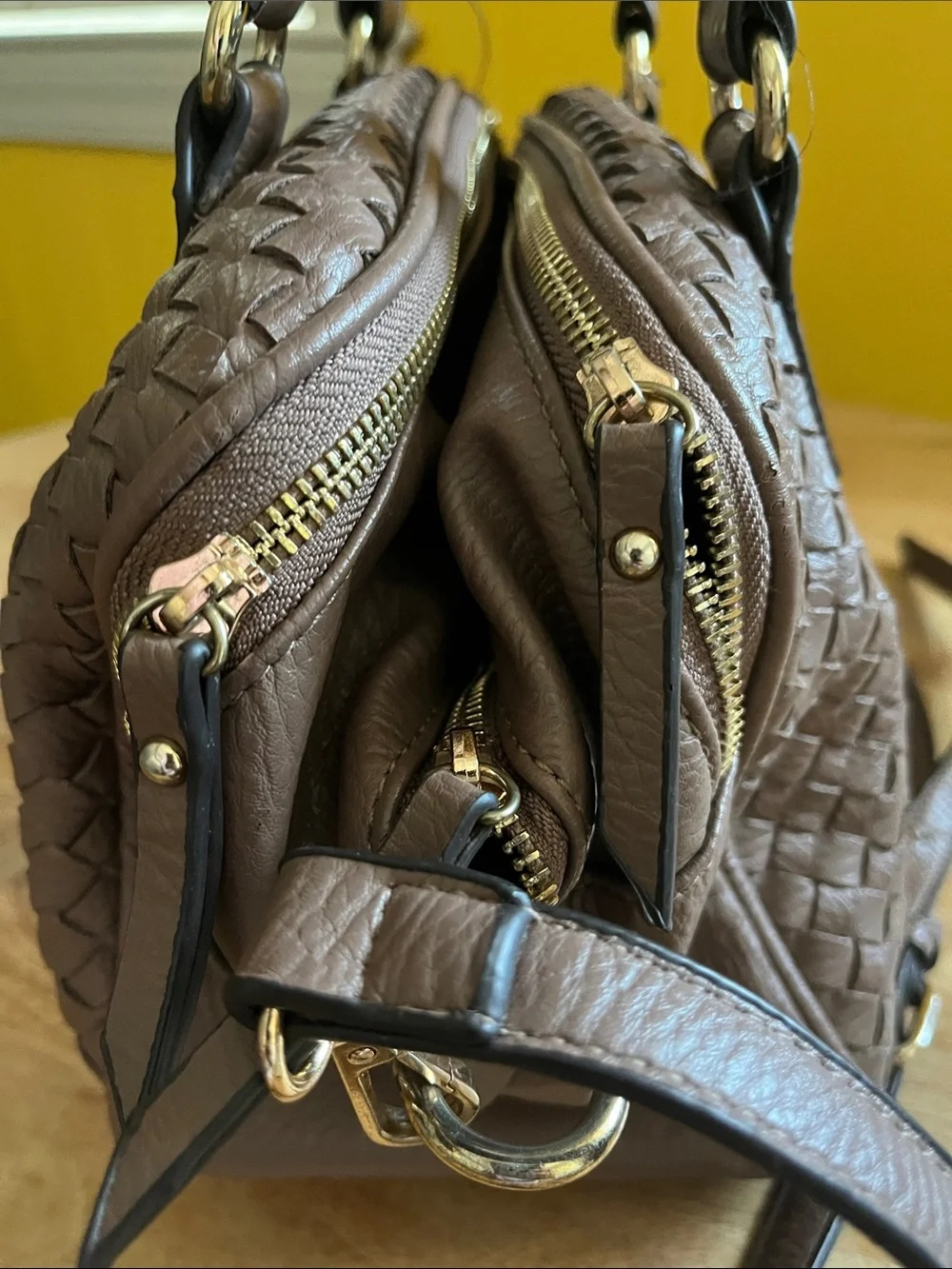 Woven Leather Satchel in Taupe